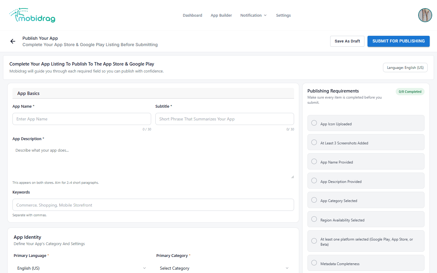 Publish Your App listing form showing App Basics fields and Publishing Requirements panel
