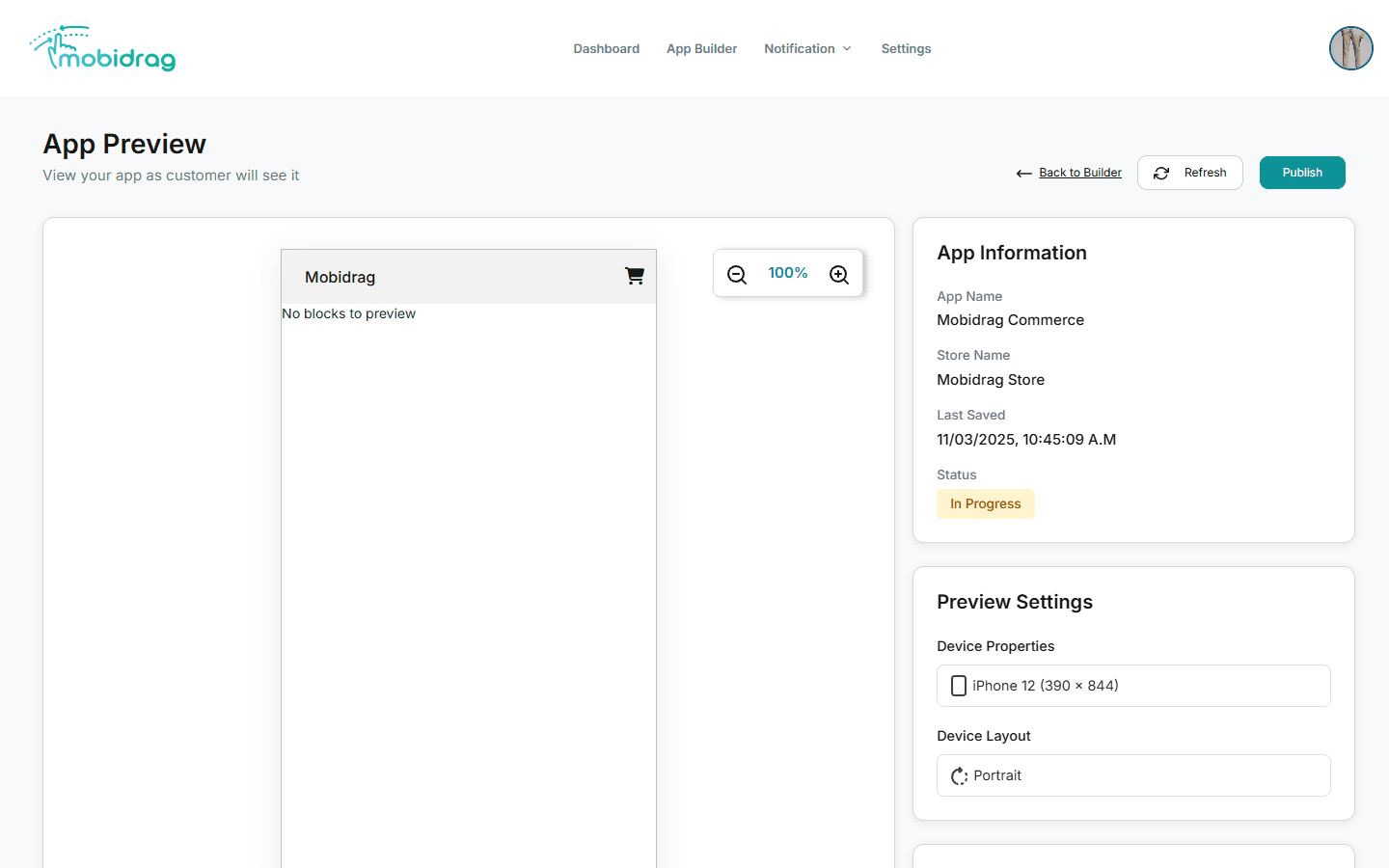 Full App Preview page showing the phone mockup and device controls sidebar