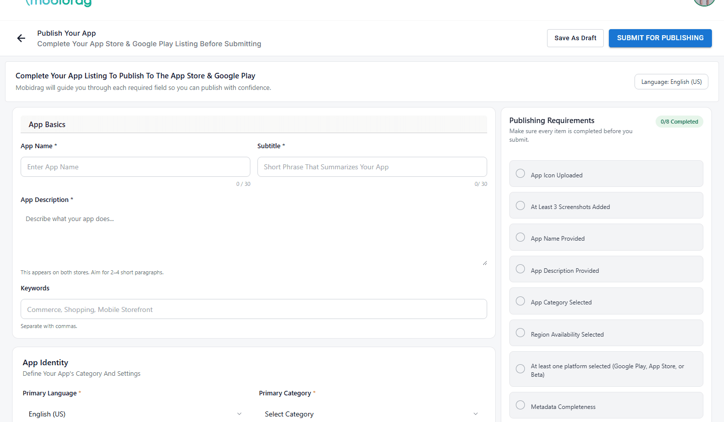 App Listing form showing build status and Publishing Requirements panel