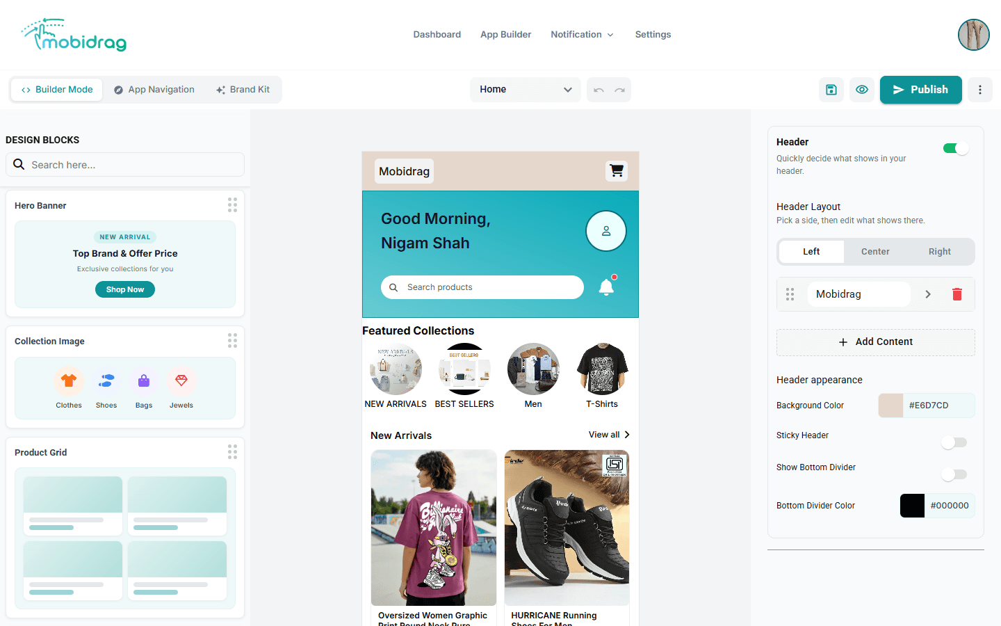 App Builder with Publish button highlighted in the top-right toolbar