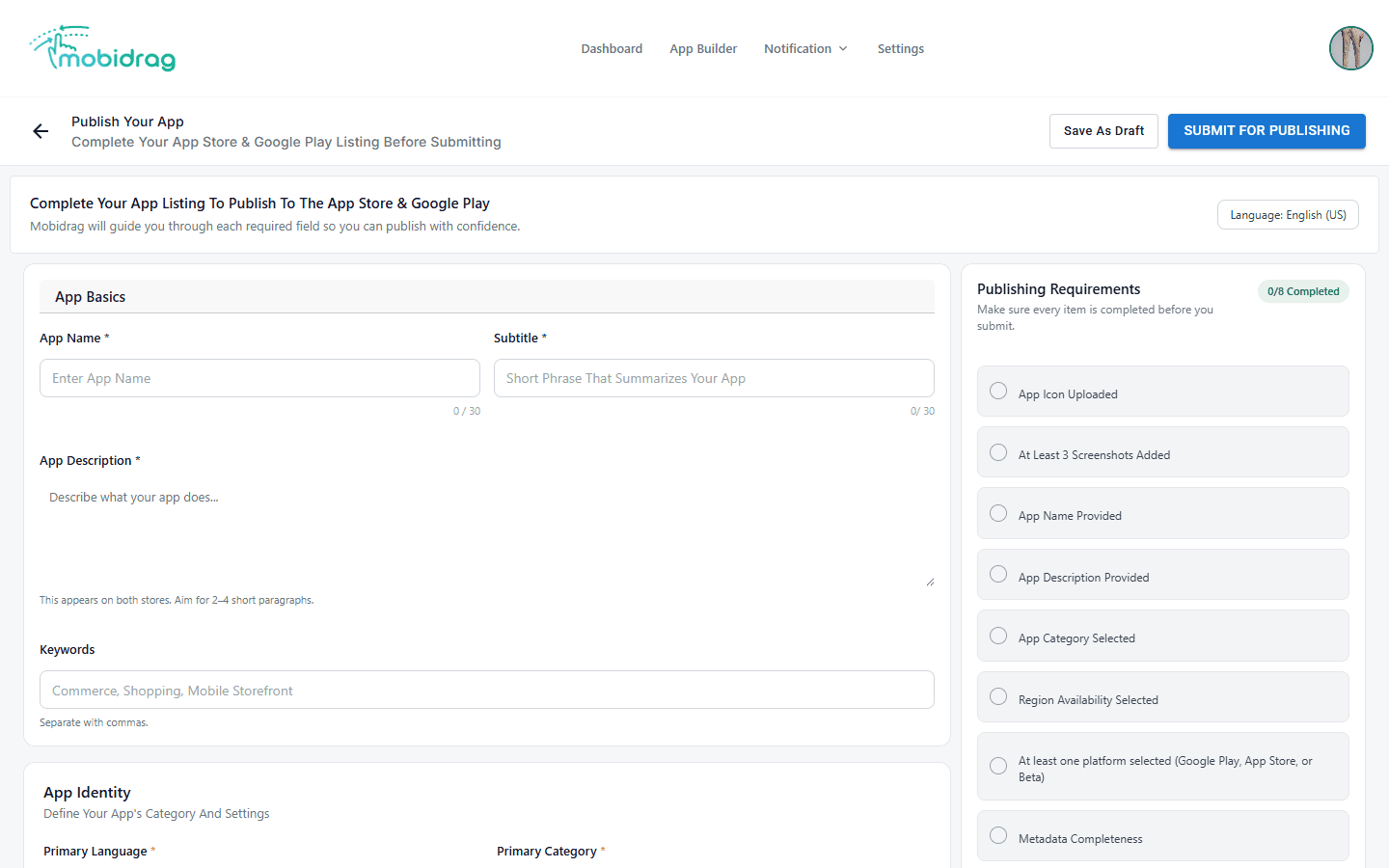 Publish Your App listing form with App Basics on the left and Publishing Requirements checklist on the right