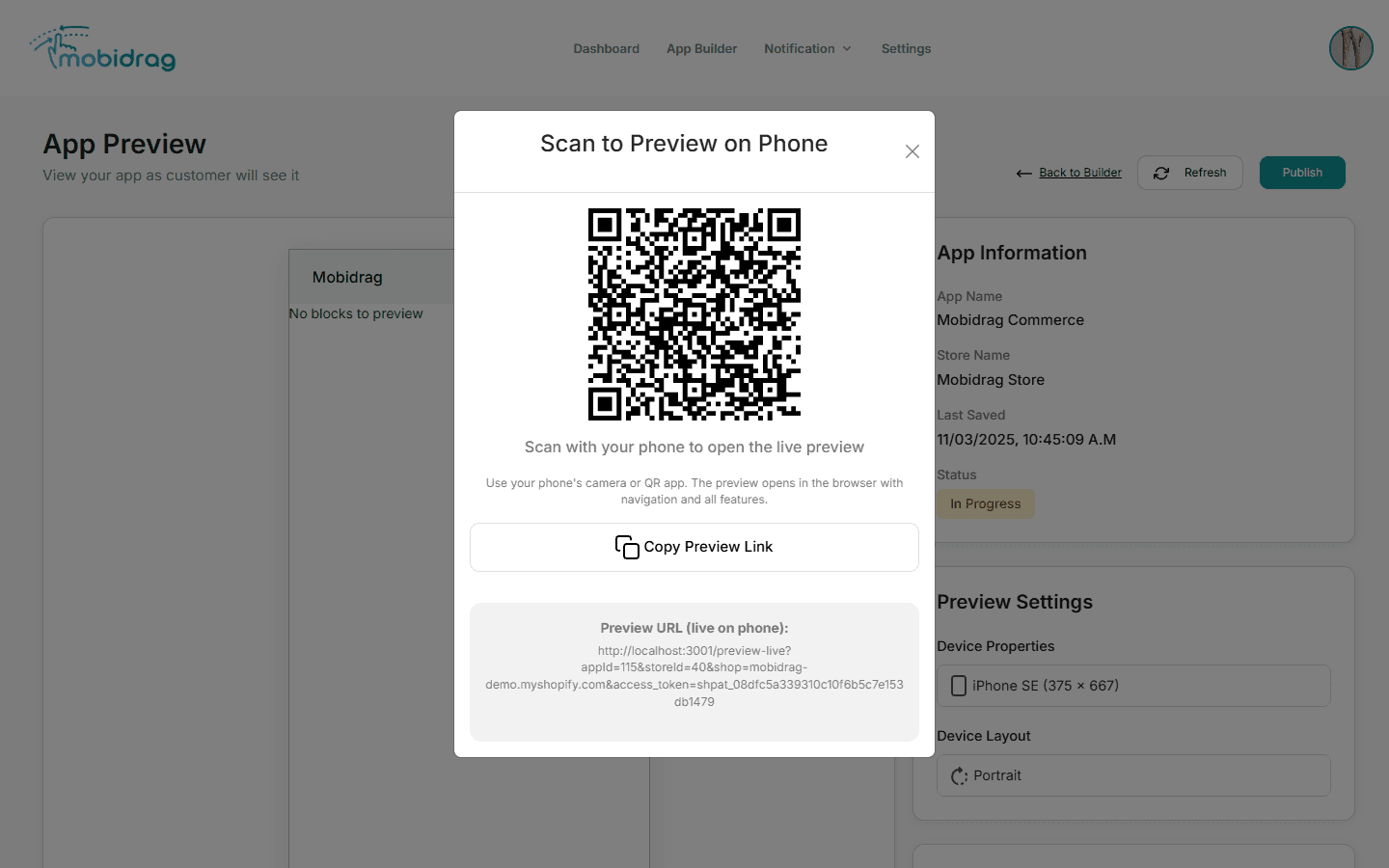 Modal showing the QR code, scan instructions, Copy Preview Link button, and preview URL